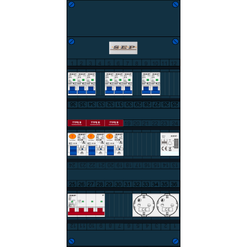 Schotman Elektro B.V. - SEP FS40A, 1xHoofdschakelaar, 3xAardlekschakelaar-Type B, 8xinstallatieautomaat, 1xBeltrafo, 2xContactdoos, 3 Fase