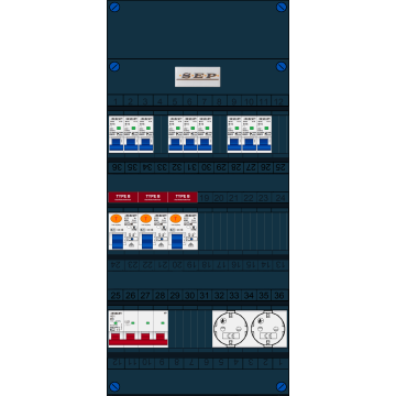 Schotman Elektro B.V. - SEP FS40A, 1xHoofdschakelaar, 3xAardlekschakelaar-Type B, 9xinstallatieautomaat, 2xContactdoos, 3 Fase