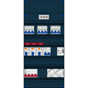Schotman Elektro B.V. - SEP FS40A, 1xHoofdschakelaar, 3xAardlekschakelaar-Type B, 9xinstallatieautomaat, 1xFornuisgroep, 1xBeltrafo, 2xContactdoos, 3 Fase