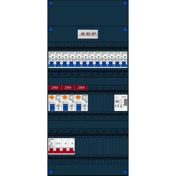 Schotman Elektro B.V. - SEP FS40A, 1xHoofdschakelaar, 3xAardlekschakelaar-Type B, 12xinstallatieautomaat, 1xBeltrafo, 3 Fase