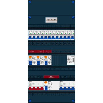 Schotman Elektro B.V. - SEP FS40A, 1xHoofdschakelaar, 4xAardlekschakelaar-Type B, 12xInstallatieautomaat, 1xKrachtgroep, 1xBeltrafo, 3 Fase