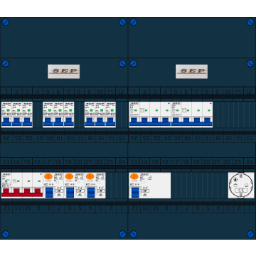 Schotman Elektro B.V. - SEP FS40A, Hoofdschakelaar, 4x Aardlekschakelaar, 9x Installatieautomaat, 2x kracht installatieautomaat, 1x Wandcontactdoos 3 fase