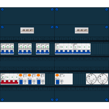 Schotman Elektro B.V. - SEP FS40A, Hoofdschakelaar, 4x Aardlekschakelaar, 9x Installatieautomaat, 2x kracht installatieautomaat, 2x Wandcontactdoos 3 fase