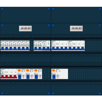 Schotman Elektro B.V. - SEP FS40A, Hoofdschakelaar, 4x Aardlekschakelaar, 9x Installatieautomaat, 2x kracht installatieautomaat, 1x kookgroep 3 fase
