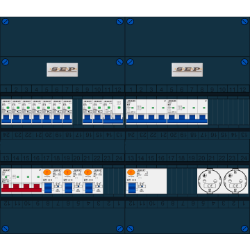 Schotman Elektro B.V. - SEP FS40A, Hoofdschakelaar, 4x Aardlekschakelaar, 9x Installatieautomaat, 2x kracht installatieautomaat, 1x kookgroep, 2x wandcontactdoos 3 fase