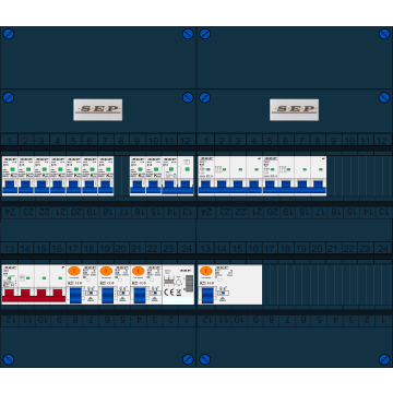Schotman Elektro B.V. - SEP FS40A, Hoofdschakelaar, 4x Aardlekschakelaar, 9x Installatieautomaat, 2x kracht installatieautomaat, 1x kookgroep, 1x beltrafo 3 fase