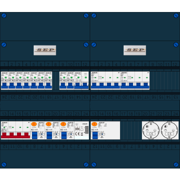 Schotman Elektro B.V. - SEP FS40A, Hoofdschakelaar, 4x Aardlekschakelaar, 9x Installatieautomaat, 2x kracht installatieautomaat, 1x kookgroep, 1x beltrafo, 2x wandcontactdoos 3 fase