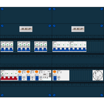 Schotman Elektro B.V. - SEP FS40A, Hoofdschakelaar, 4x Aardlekschakelaar, 9x Installatieautomaat, 2x kracht installatieautomaat, 1x Beltrafo, 1x wandcontactdoos 3 fase