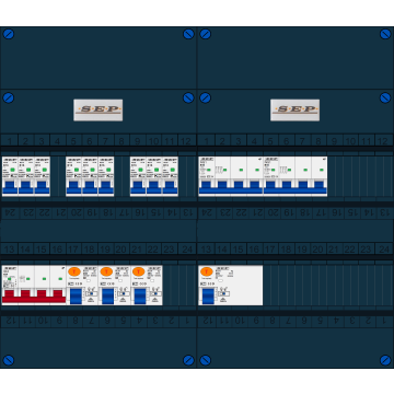 Schotman Elektro B.V. - SEP FS40A, Hoofdschakelaar, 4x Aardlekschakelaar, 9x Installatieautomaat, 2x kracht installatieautomaat 3 fase