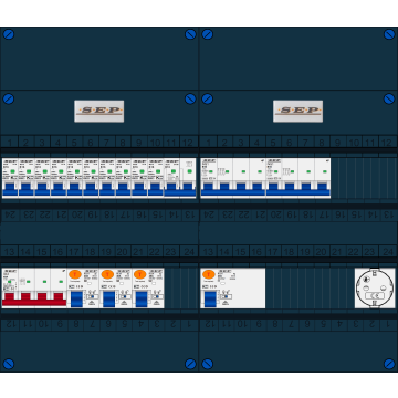 Schotman Elektro B.V. - SEP FS40A, Hoofdschakelaar, 4x Aardlekschakelaar, 10x Installatieautomaat, 2x kracht installatieautomaat, 1x kookgroep, 1x wandcontactdoos 3 fase