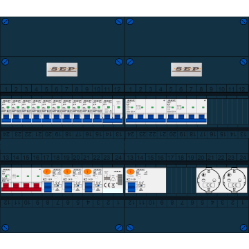 Schotman Elektro B.V. - SEP FS40A, Hoofdschakelaar, 4x Aardlekschakelaar, 10x Installatieautomaat, 2x kracht installatieautomaat, 1x kookgroep, 1x beltrafo, 2x wandcontactdoos 3 fase