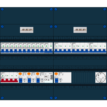 Schotman Elektro B.V. - SEP FS40A, Hoofdschakelaar, 4x Aardlekschakelaar, 10x Installatieautomaat, 3x kracht installatieautomaat, 1x kookgroep, 1x beltrafo, 1x wandcontactdoos 3 fase