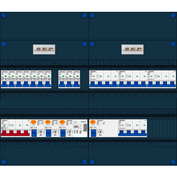 Schotman Elektro B.V. - SEP FS40A, 1xHoofdschakelaar, 4xAardlekschakelaar, 10xInstallatieautomaat, 4xKracht installatieautomaat, 1xBeltrafo, 3 Fase
