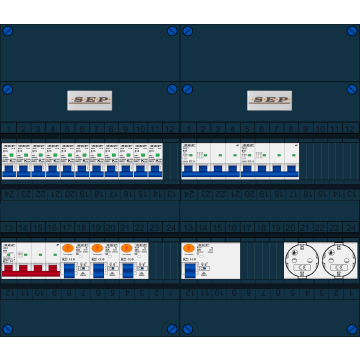 Schotman Elektro B.V. - SEP FS40A, Hoofdschakelaar, 4x Aardlekschakelaar, 11x Installatieautomaat, 2x kracht installatieautomaat, 2x Wandcontactdoos 3 fase