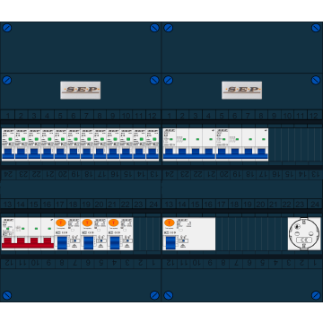 Schotman Elektro B.V. - SEP FS40A, Hoofdschakelaar, 4x Aardlekschakelaar, 12x Installatieautomaat, 2x kracht installatieautomaat, 1x Wandcontactdoos 3 fase