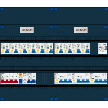Schotman Elektro B.V. - SEP FS40A, 1xHoofdschakelaar, 10xAardlekautomaat, 1xAls+Fornuisgroep, 3xKracht aardlekautomaat, 1xBeltrafo, 3 Fase