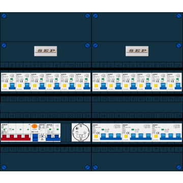 Schotman Elektro B.V. - SEP FS40A, 1xHoofdschakelaar, 12xAardlekautomaat, 1xAls+Fornuisgroep, 3xKracht aardlekautomaat, 1xContactdoos, 3 Fase