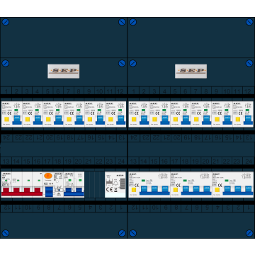 Schotman Elektro B.V. - SEP FS40A, 1xHoofdschakelaar, 12xAardlekautomaat, 1xAls+Fornuisgroep, 3xKracht aardlekautomaat, 1xBeltrafo, 3 Fase