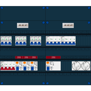 Schotman Elektro B.V. - SEP FS40A, 1xHoofdschakelaar, 4xAardlekschakelaar-Type B, 9xInstallatieautomaat, 2xKrachtgroep, 2xContactdoos, 3 Fase