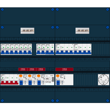 Schotman Elektro B.V. - SEP FS40A, 1xHoofdschakelaar, 4xAardlekschakelaar-Type B, 9xInstallatieautomaat, 1xFornuisgroep, 2xKrachtgroep, 1xBeltrafo, 1xContactdoos, 3 Fase
