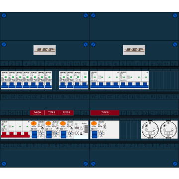 Schotman Elektro B.V. - SEP FS40A, 1xHoofdschakelaar, 4xAardlekschakelaar-Type B, 9xInstallatieautomaat, 1xFornuisgroep, 2xKrachtgroep, 1xBeltrafo, 2xContactdoos, 3 Fase