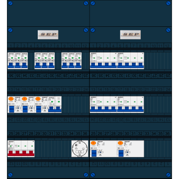 Schotman Elektro B.V. - SEP FS40A, 1xHoofdschakelaar, 5xAardlekschakelaar, 9xInstallatieautomaat, 4xKracht installatieautomaat, 1xFornuisgroep, 1xContactdoos, 3 Fase