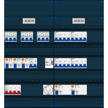 Schotman Elektro B.V. - SEP FS40A, 1xHoofdschakelaar, 5xAardlekschakelaar, 9xInstallatieautomaat, 4xKracht installatieautomaat, 1xFornuisgroep, 1xBeltrafo, 1xContactdoos, 3 Fase