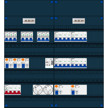 Schotman Elektro B.V. - SEP FS40A, 1xHoofdschakelaar, 5xAardlekschakelaar, 9xInstallatieautomaat, 4xKracht installatieautomaat, 1xBeltrafo, 2xContactdoos, 3 Fase