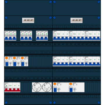 Schotman Elektro B.V. - SEP FS40A, 1xHoofdschakelaar, 5xAardlekschakelaar, 9xInstallatieautomaat, 6xKracht installatieautomaat, 2xContactdoos, 3 Fase