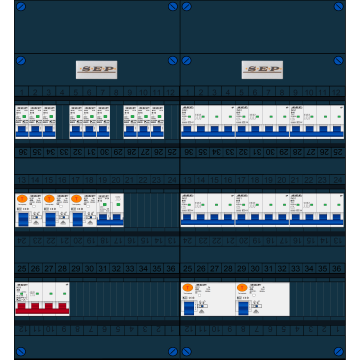 Schotman Elektro B.V. - SEP FS40A, 1xHoofdschakelaar, 5xAardlekschakelaar, 9xInstallatieautomaat, 6xKracht installatieautomaat, 1xFornuisgroep, 3 Fase