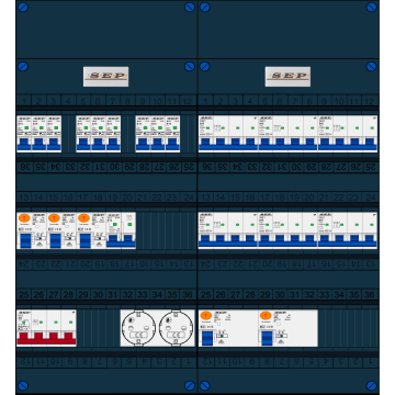 Schotman Elektro B.V. - SEP FS40A, 1xHoofdschakelaar, 5xAardlekschakelaar, 9xInstallatieautomaat, 6xKracht installatieautomaat, 1xFornuisgroep, 2xContactdoos, 3 Fase