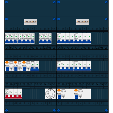 Schotman Elektro B.V. - SEP FS40A, 1xHoofdschakelaar, 5xAardlekschakelaar, 10xInstallatieautomaat, 4xKracht installatieautomaat, 1xFornuisgroep, 1xContactdoos, 3 Fase