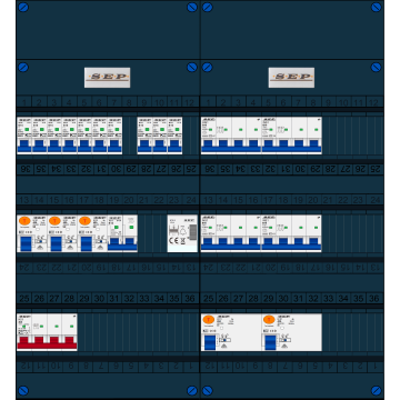 Schotman Elektro B.V. - SEP FS40A, 1xHoofdschakelaar, 5xAardlekschakelaar, 10xInstallatieautomaat, 4xKracht installatieautomaat, 1xFornuisgroep, 1xBeltrafo, 3 Fase