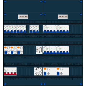 Schotman Elektro B.V. - SEP FS40A, 1xHoofdschakelaar, 5xAardlekschakelaar, 10xInstallatieautomaat, 4xKracht installatieautomaat, 1xBeltrafo, 1xContactdoos, 3 Fase