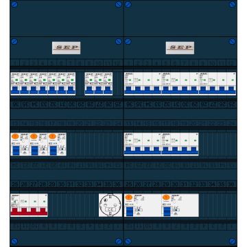 Schotman Elektro B.V. - SEP FS40A, 1xHoofdschakelaar, 5xAardlekschakelaar, 10xInstallatieautomaat, 5xKracht installatieautomaat, 1xContactdoos, 3 Fase