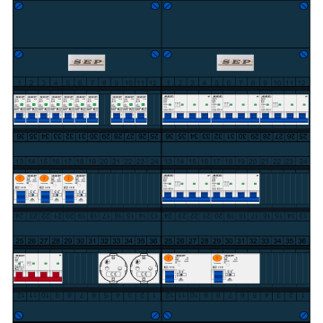 Schotman Elektro B.V. - SEP FS40A, 1xHoofdschakelaar, 5xAardlekschakelaar, 10xInstallatieautomaat, 5xKracht installatieautomaat, 2xContactdoos, 3 Fase