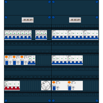 Schotman Elektro B.V. - SEP FS40A, 1xHoofdschakelaar, 5xAardlekschakelaar, 10xInstallatieautomaat, 5xKracht installatieautomaat, 1xFornuisgroep, 1xContactdoos, 3 Fase
