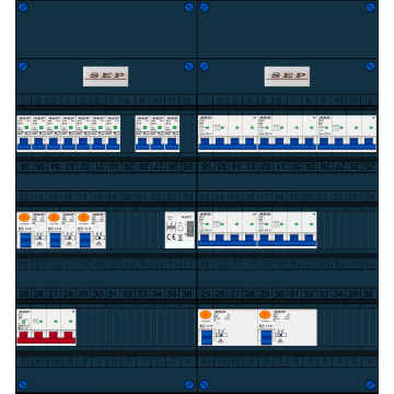 Schotman Elektro B.V. - SEP FS40A, 1xHoofdschakelaar, 5xAardlekschakelaar, 10xInstallatieautomaat, 5xKracht installatieautomaat, 1xBeltrafo, 3 Fase