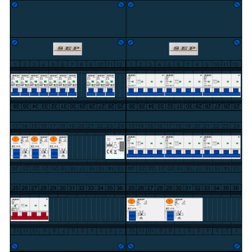 Schotman Elektro B.V. - SEP FS40A, 1xHoofdschakelaar, 5xAardlekschakelaar, 10xInstallatieautomaat, 6xKracht installatieautomaat, 1xBeltrafo, 3 Fase