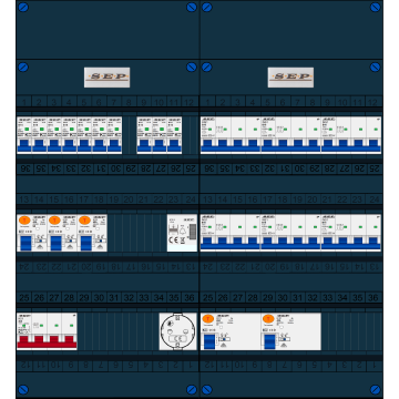 Schotman Elektro B.V. - SEP FS40A, 1xHoofdschakelaar, 5xAardlekschakelaar, 10xInstallatieautomaat, 6xKracht installatieautomaat, 1xBeltrafo, 1xContactdoos, 3 Fase