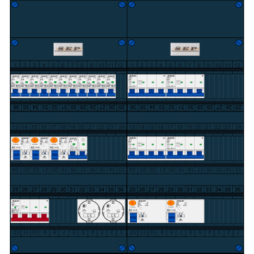 Schotman Elektro B.V. - SEP FS40A, 1xHoofdschakelaar, 5xAardlekschakelaar, 11xInstallatieautomaat, 4xKracht installatieautomaat, 1xFornuisgroep, 2xContactdoos, 3 Fase