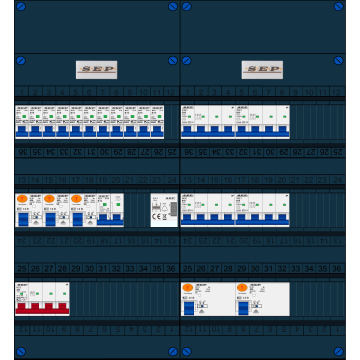 Schotman Elektro B.V. - SEP FS40A, 1xHoofdschakelaar, 5xAardlekschakelaar, 11xInstallatieautomaat, 4xKracht installatieautomaat, 1xFornuisgroep, 1xBeltrafo, 3 Fase