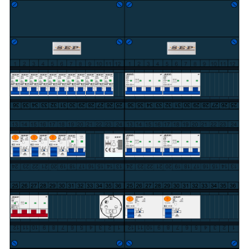 Schotman Elektro B.V. - SEP FS40A, 1xHoofdschakelaar, 5xAardlekschakelaar, 11xInstallatieautomaat, 4xKracht installatieautomaat, 1xFornuisgroep, 1xBeltrafo, 1xContactdoos, 3 Fase