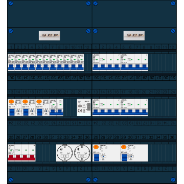Schotman Elektro B.V. - SEP FS40A, 1xHoofdschakelaar, 5xAardlekschakelaar, 11xInstallatieautomaat, 4xKracht installatieautomaat, 1xFornuisgroep, 1xBeltrafo, 2xContactdoos, 3 Fase