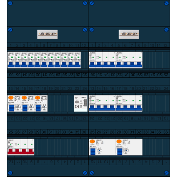Schotman Elektro B.V. - SEP FS40A, 1xHoofdschakelaar, 5xAardlekschakelaar, 11xInstallatieautomaat, 4xKracht installatieautomaat, 1xBeltrafo, 3 Fase