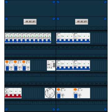 Schotman Elektro B.V. - SEP FS40A, 1xHoofdschakelaar, 5xAardlekschakelaar, 11xInstallatieautomaat, 4xKracht installatieautomaat, 1xBeltrafo, 1xContactdoos, 3 Fase