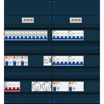 Schotman Elektro B.V. - SEP FS40A, 1xHoofdschakelaar, 5xAardlekschakelaar, 11xInstallatieautomaat, 4xKracht installatieautomaat, 1xBeltrafo, 2xContactdoos, 3 Fase