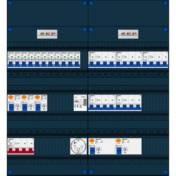 Schotman Elektro B.V. - SEP FS40A, 1xHoofdschakelaar, 5xAardlekschakelaar, 11xInstallatieautomaat, 5xKracht installatieautomaat, 1xBeltrafo, 1xContactdoos, 3 Fase