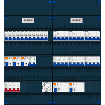Schotman Elektro B.V. - SEP FS40A, 1xHoofdschakelaar, 5xAardlekschakelaar, 11xInstallatieautomaat, 6xKracht installatieautomaat, 1xFornuisgroep, 1xContactdoos, 3 Fase