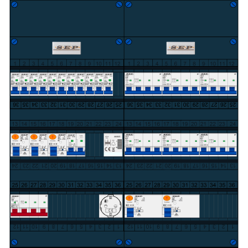 Schotman Elektro B.V. - SEP FS40A, 1xHoofdschakelaar, 5xAardlekschakelaar, 11xInstallatieautomaat, 6xKracht installatieautomaat, 1xFornuisgroep, 1xBeltrafo, 1xContactdoos, 3 Fase